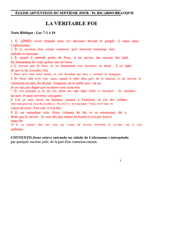 La Véritable Foi selon Luc 7:1-10 | PDF | Dieu | Foi