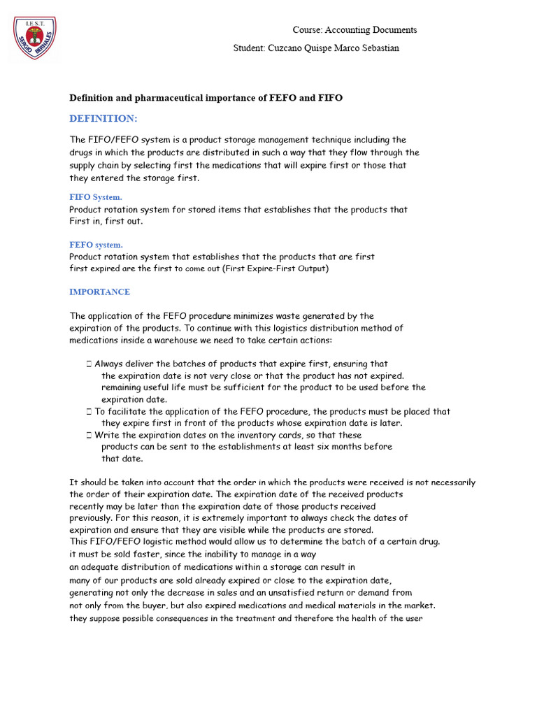 FIFO and FEFO in Pharmaceutical Storage | PDF | Inventory