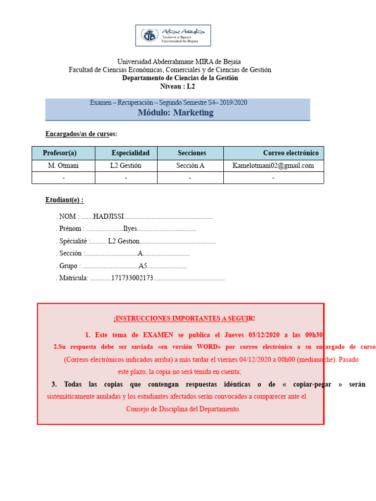 Examen de Marketing L2 - Universidad Bejaia | PDF | Marketing ...
