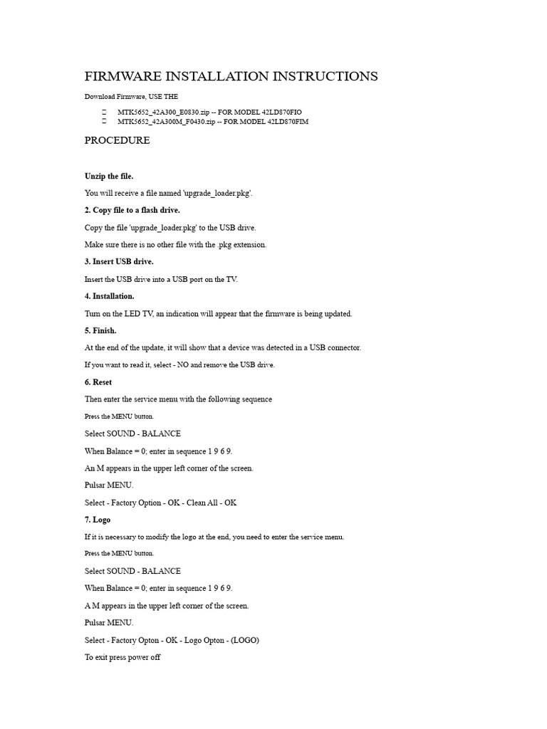 Firmware Update Guide for 42LD870F Models | PDF