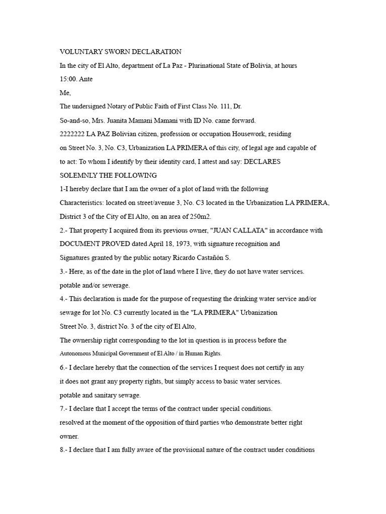 Voluntary Declaration for Water Service | PDF