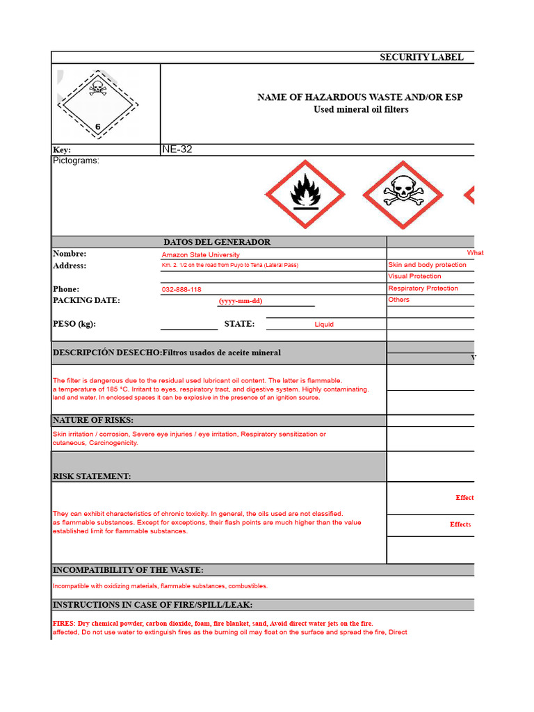 Hazardous Waste Label for Used Oil Filters | PDF | Waste | Fires