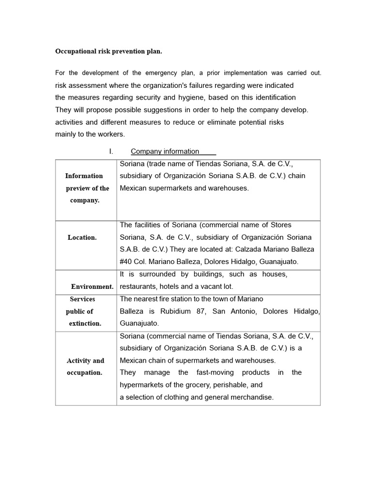Occupational Risk Prevention Plan for Soriana | PDF | Occupational ...