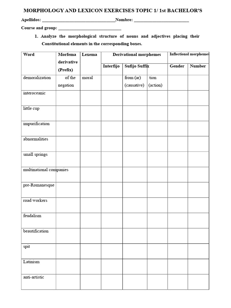 Morphology and Lexicon Exercises Guide | PDF | Word | Morphology ...