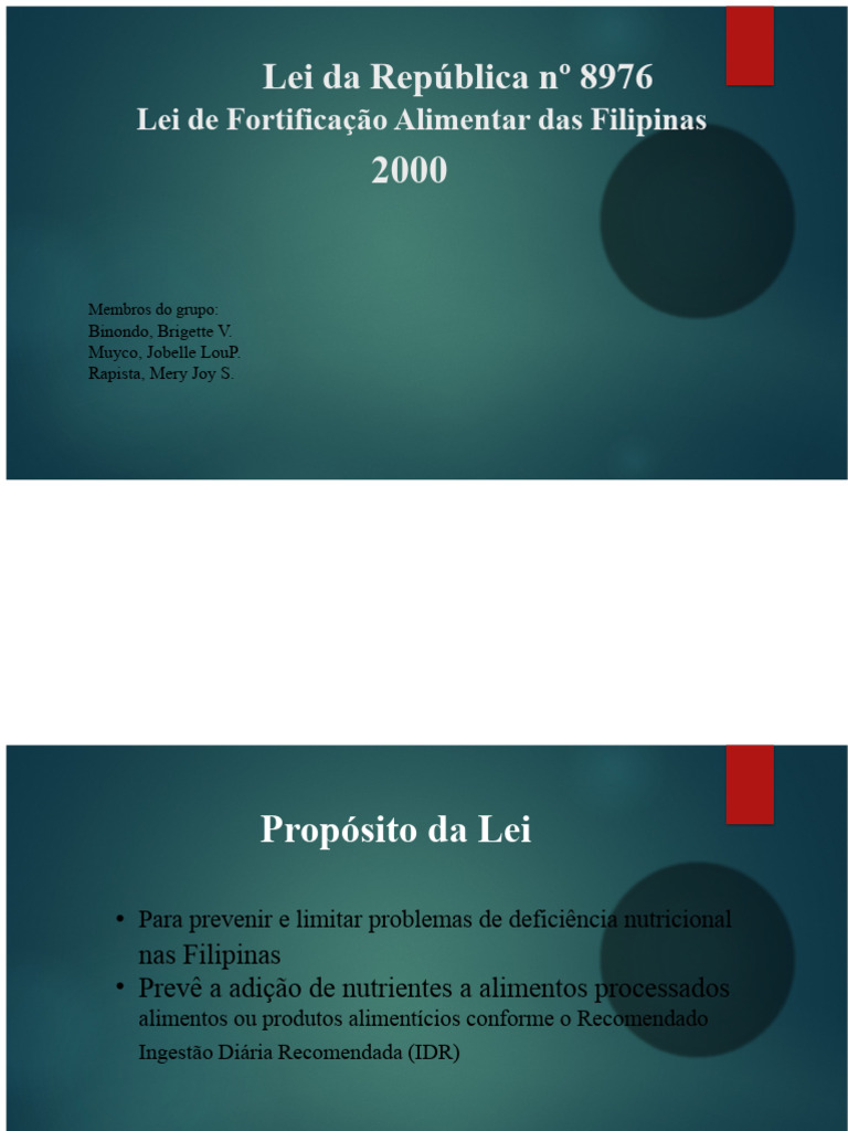 Fortificação Alimentar nas Filipinas: Lei 8976 | PDF | Nutrientes ...