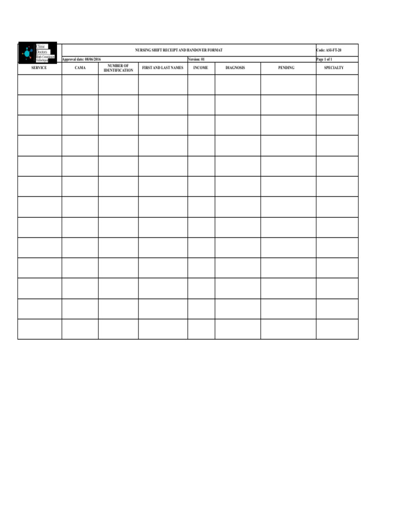 ASI-FT-20. Nursing Shift Receipt and Delivery Format | PDF