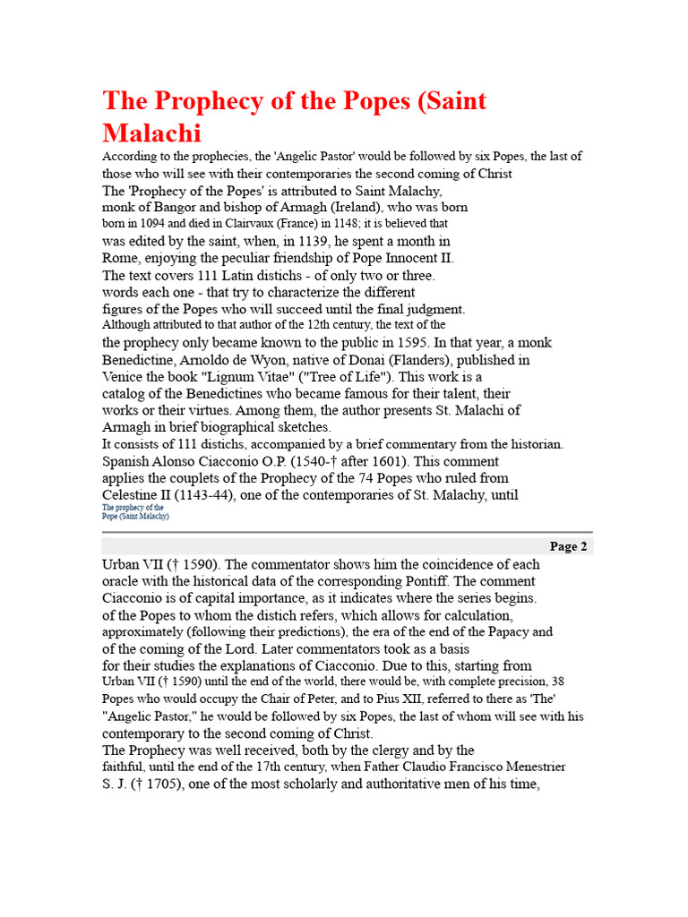 Saint Malachy's Papal Prophecies Explained | PDF | Pope | Catholic Church