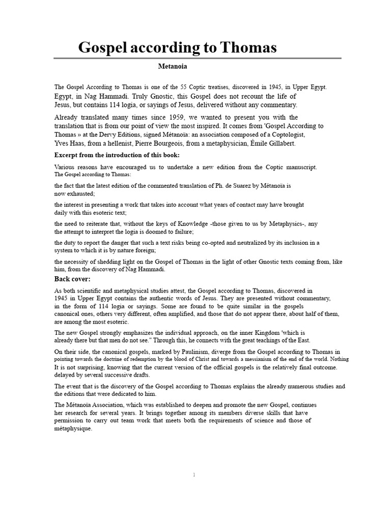 Gospel of Thomas: 114 Sayings of Jesus | PDF | Gospel Of Thomas | Jesus
