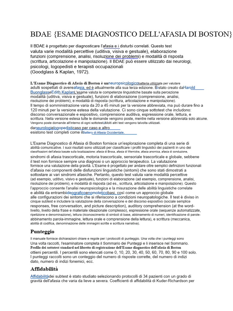 Esami Diagnostici Dell'afasia Di Boston Bdae | PDF