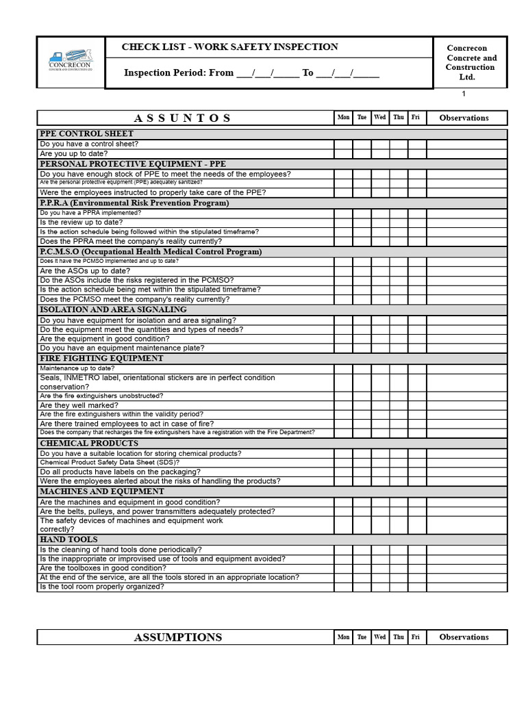 Work Safety Inspection Checklist | PDF | Personal Protective Equipment ...