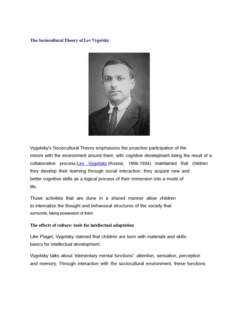 The Sociocultural Theory of Lev Vygotsky | PDF | Cognitive Development ...