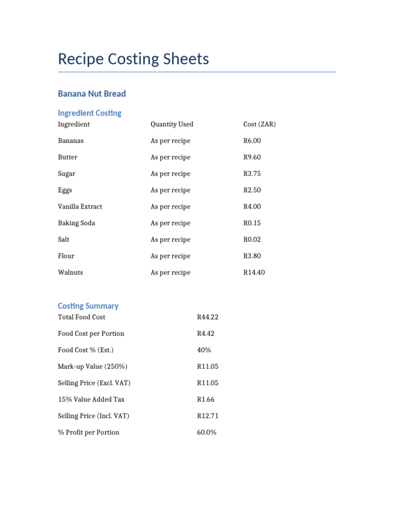 Detailed Recipe Costing Sheets | PDF | Scone | Cooking