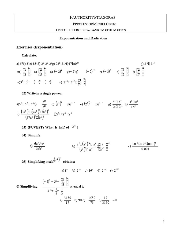 Basic Mathematics Exercises: Exponents & Radicals | PDF | Mathematical ...
