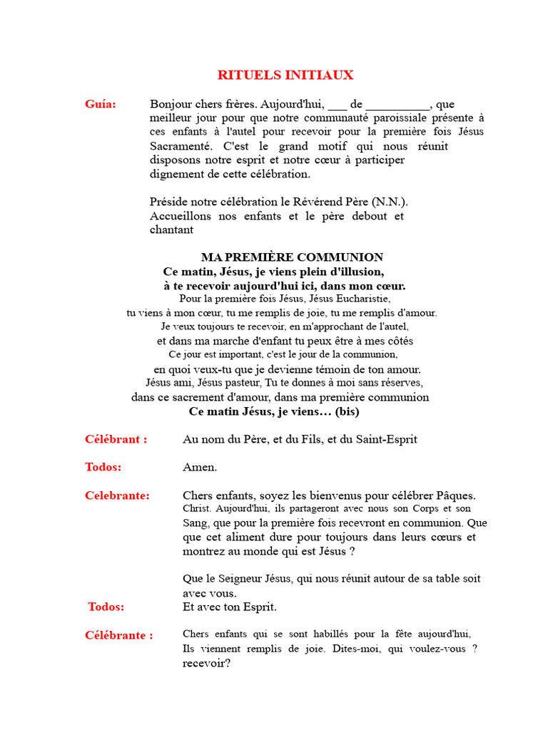Célébration de la Première Communion | PDF | Eucharistie | Liturgie et ...