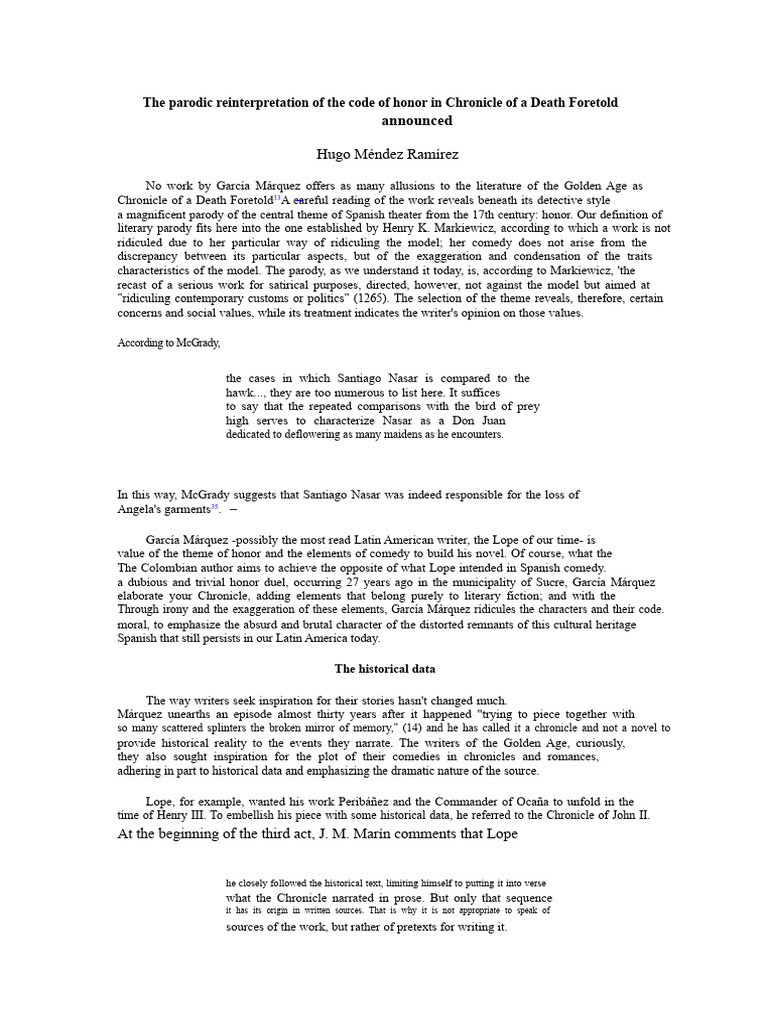 Parody of Honor in García Márquez's Chronicle | PDF | Gabriel García ...