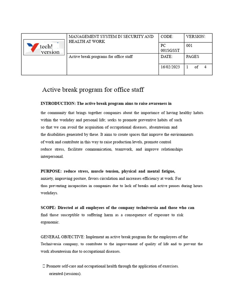 Active Break Program for Office Staff | PDF | Occupational Safety And ...