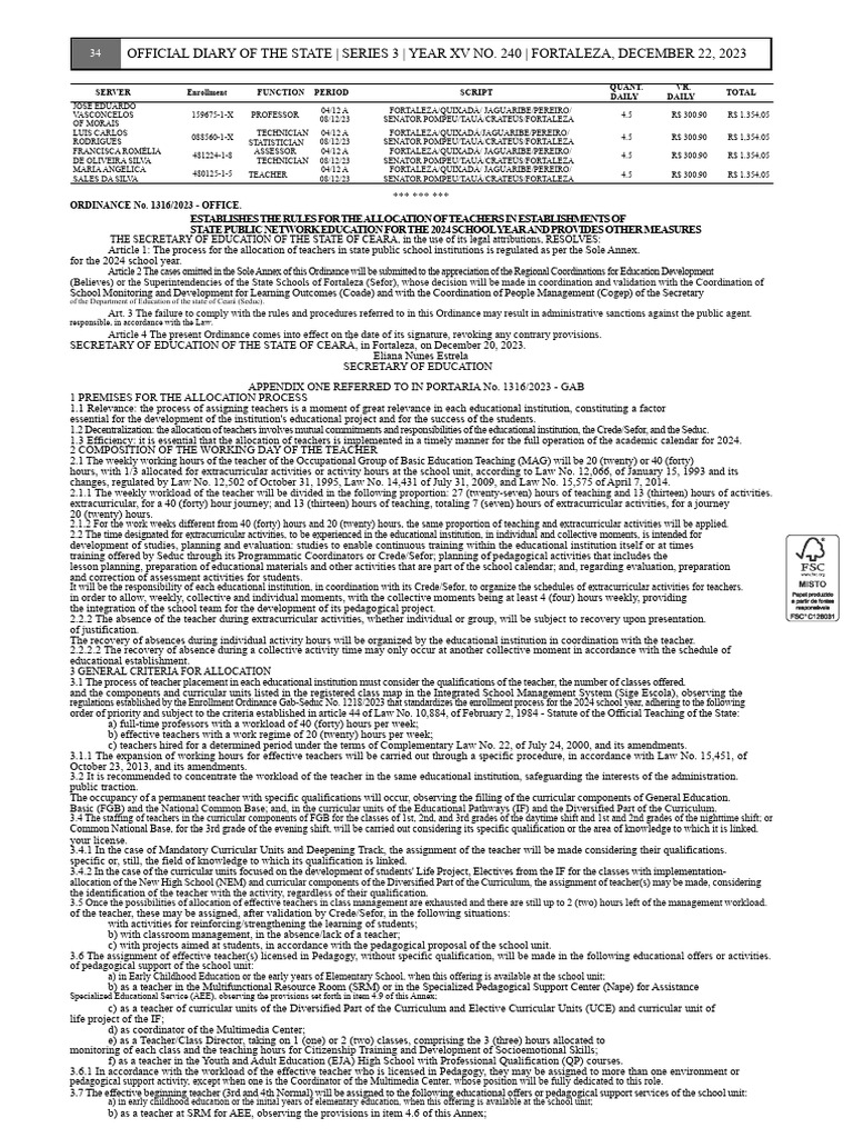 Ceará Teacher Allocation Rules 2024 | PDF | Curriculum | Teachers