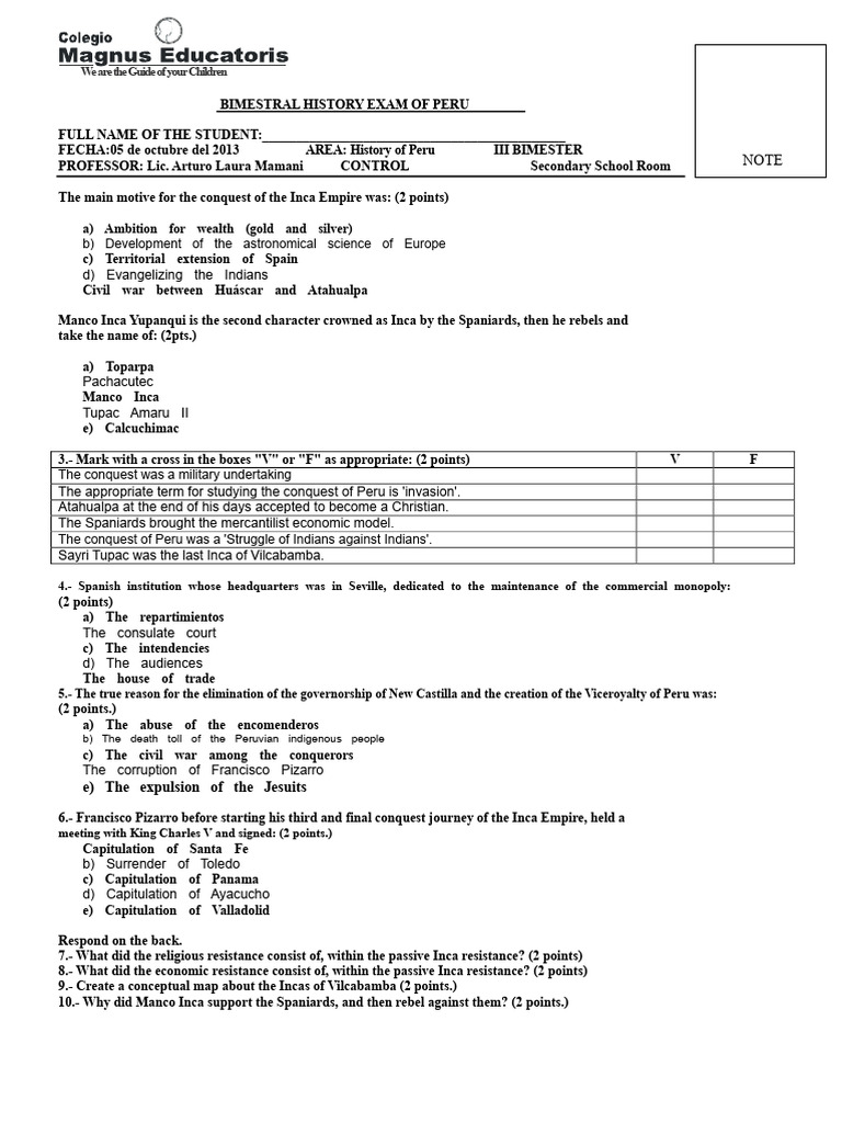 Bimonthly History Exam of Peru Fourth | PDF | Inca Empire | Peru