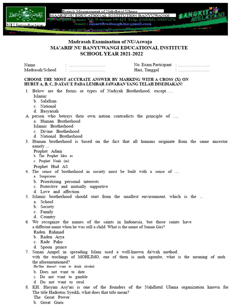 1. Assessment Questions for Aswaja MI Elementary School | PDF | Ulama ...