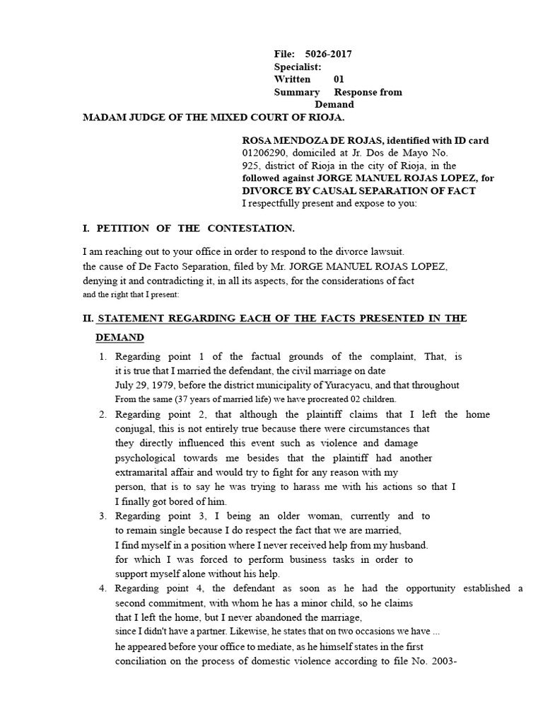 Response to Divorce Complaint for Cause of Separation in Fact | PDF ...
