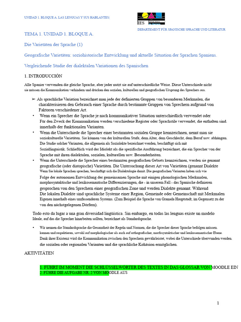 Einheit 1. Block A. Die Sprachen Und Ihre Sprecher. Die Varianten Der ...