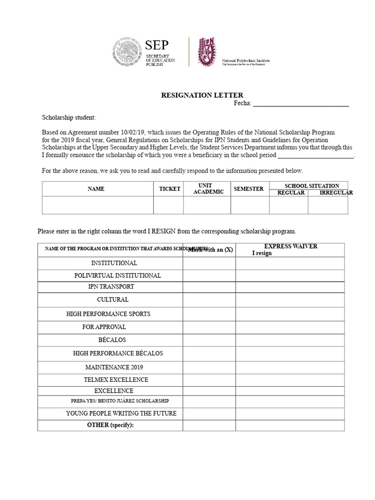Resignation Letter for Scholarship Program | PDF