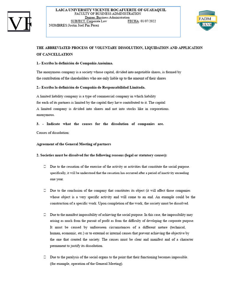 Corporate Law: Voluntary Dissolution Guide | PDF | Liquidation | Companies