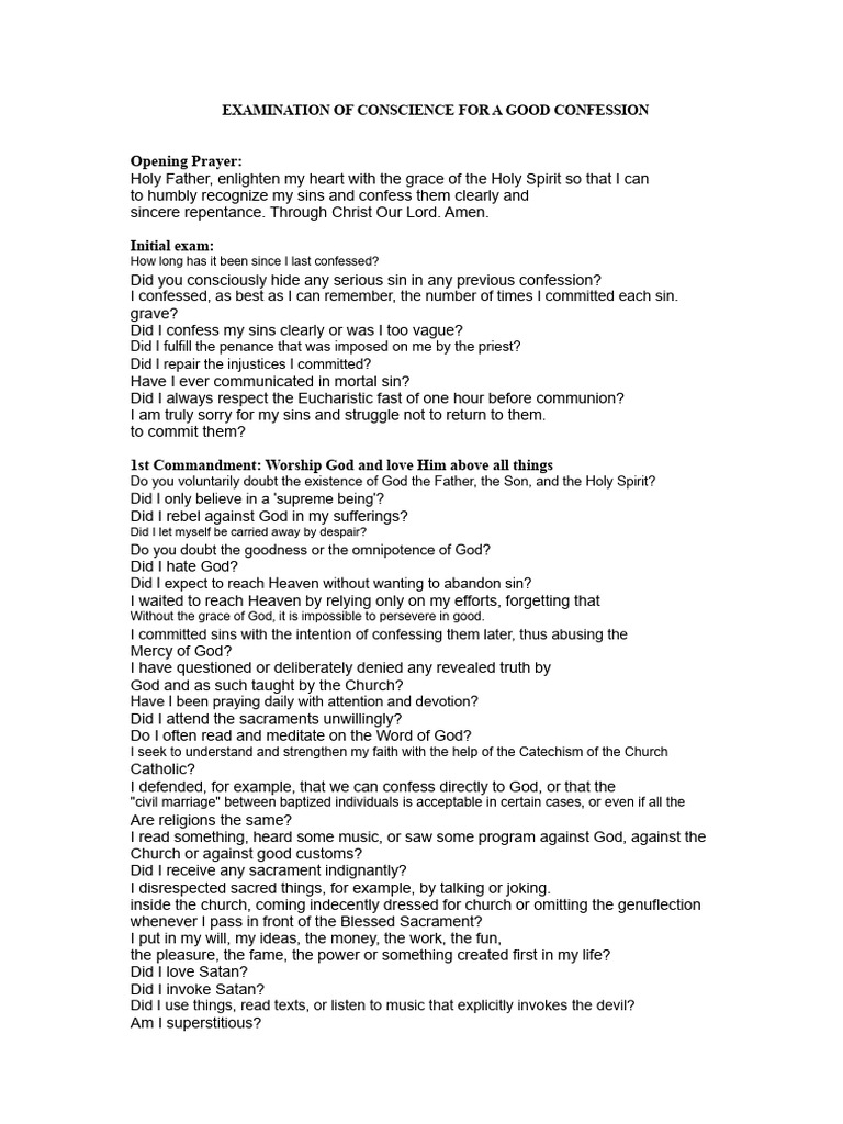Confession Examination Checklist | PDF | Confession (Religion) | Penance