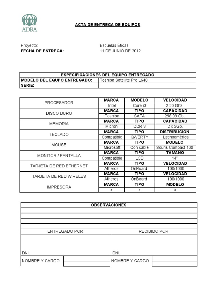Acta de Entrega de Equipos Tecnológicos | PDF | Juegos y actividades