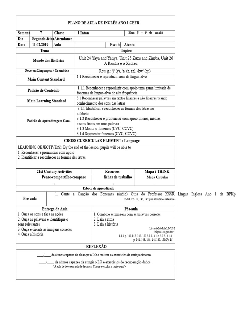 Plano de Aula de Inglês - Ano 1 CEFR | PDF | Fonema | Caixa alta e ...