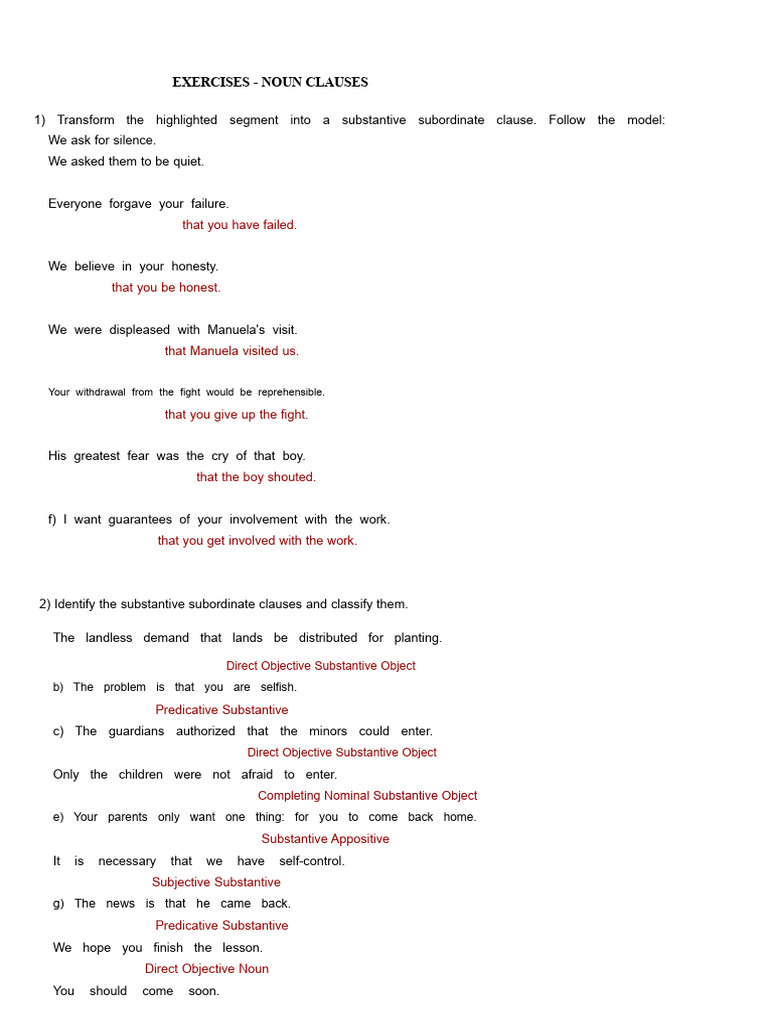 Noun Clauses Exercises and Classifications | PDF | Clause | Adjective