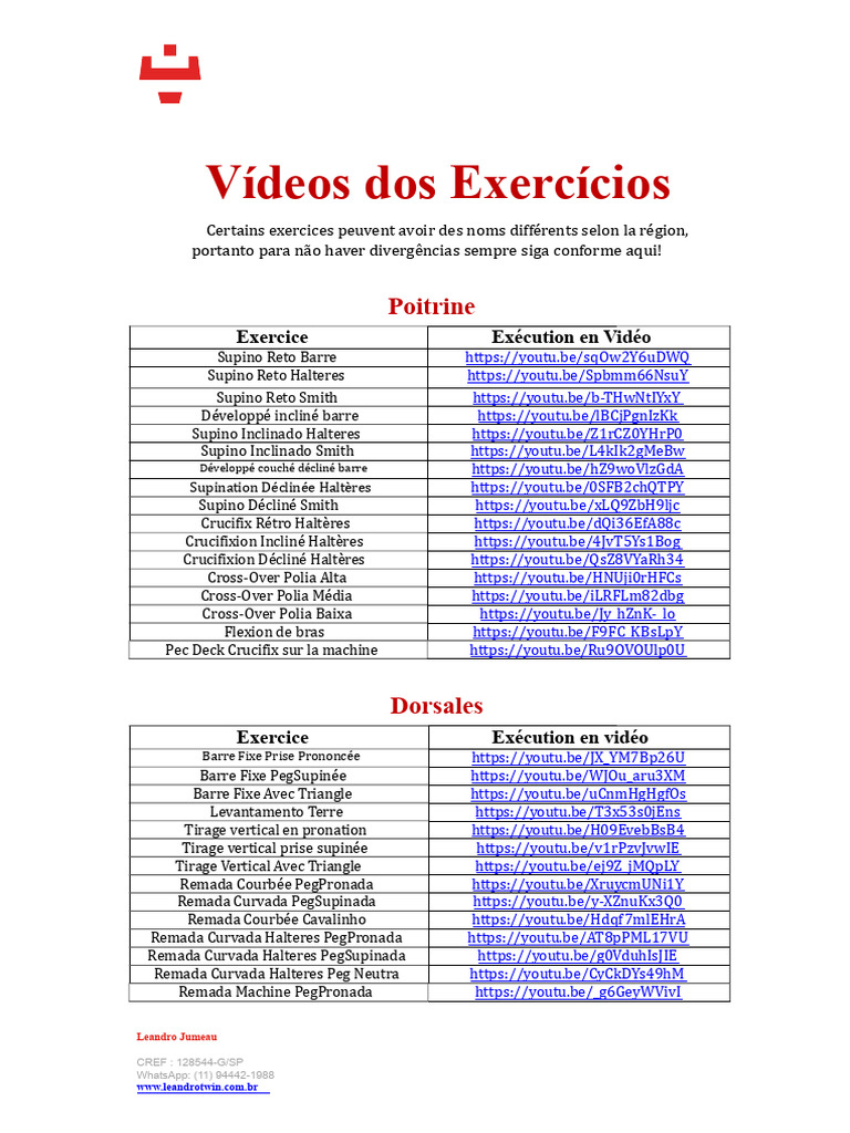 Exercices de Musculation en Vidéo | PDF | Appareil locomoteur | Musculation