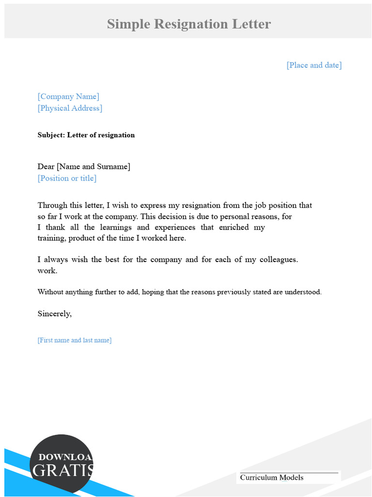 32 Simple Resignation Letter Template | PDF