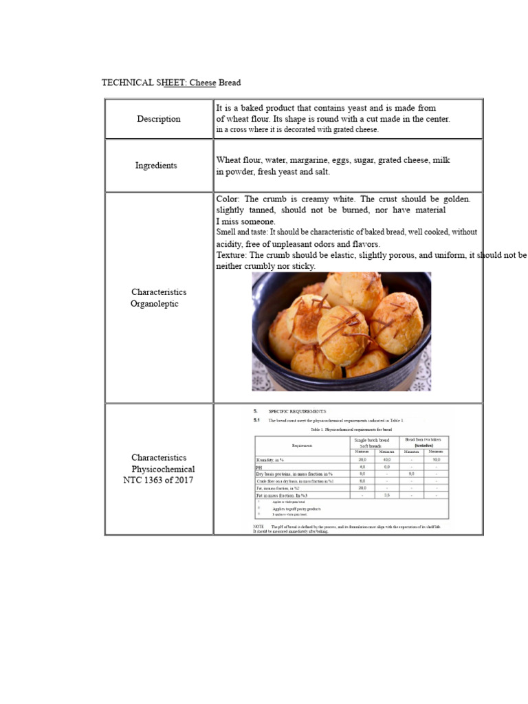 Cheese Bread Technical Sheet | PDF