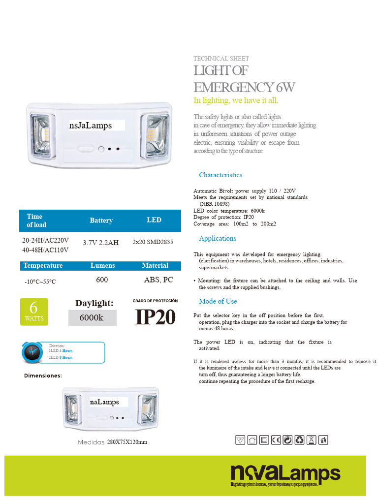 6W Emergency LED Light Technical Sheet | PDF | Lighting | Light ...