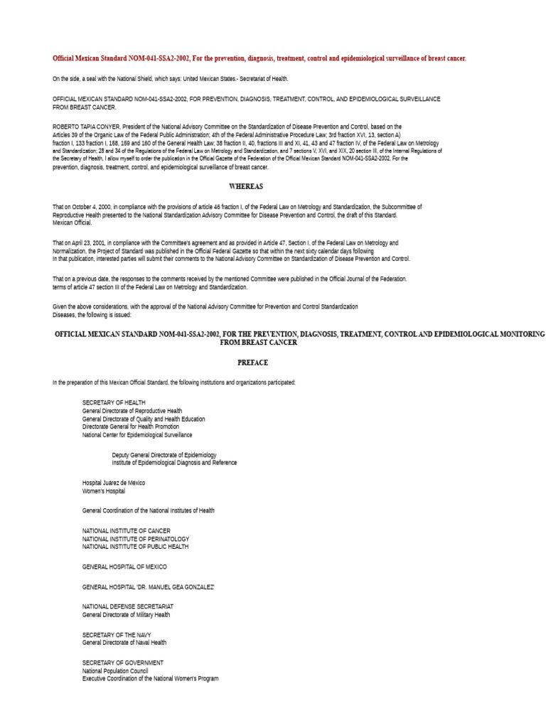 NOM-041-SSA2-2002: Breast Cancer Standards | PDF | Mammography | Breast ...