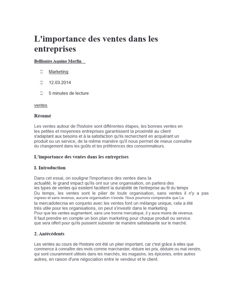 L'importance Des Ventes Dans Les Entreprises | PDF | Commercialisation ...