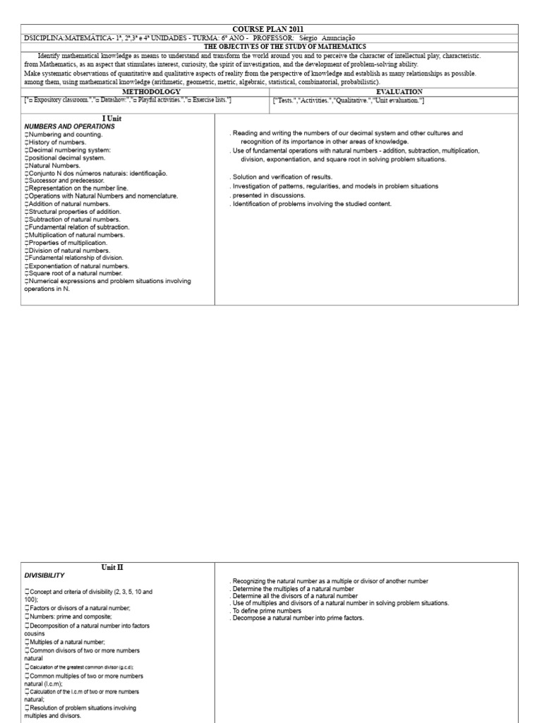 6th Grade Math Course Plan 2011 | PDF | Numbers | Volume