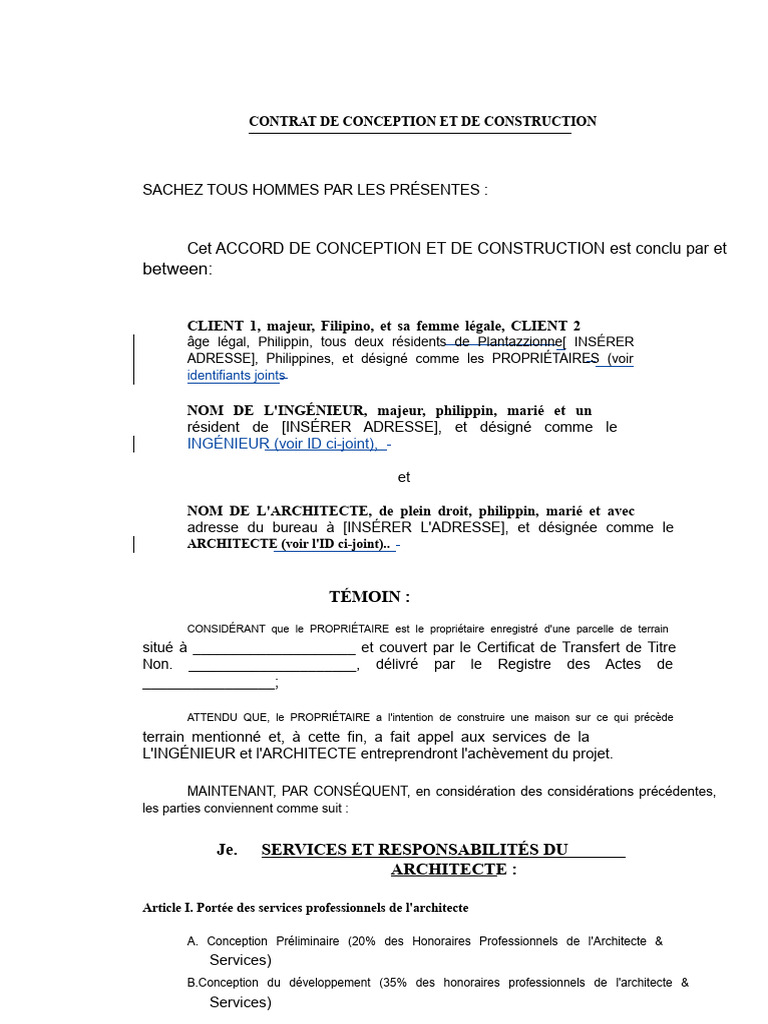 Contrat de conception et construction résidentielle | PDF | Architecte ...