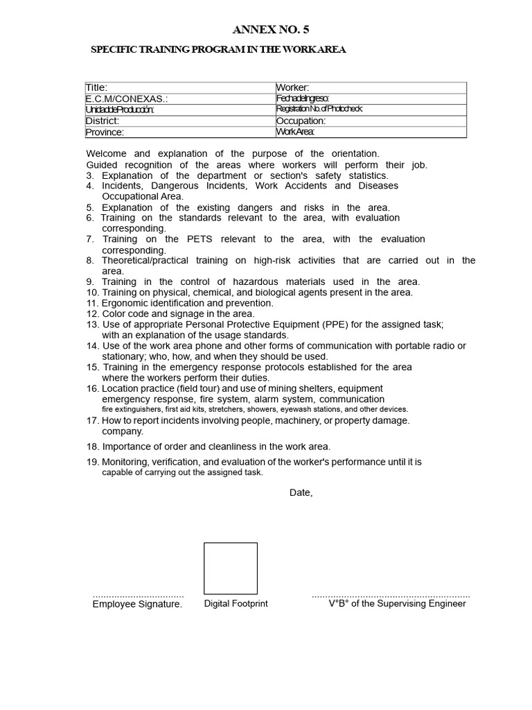 Specific Work Area Training Program | PDF | Personal Protective ...