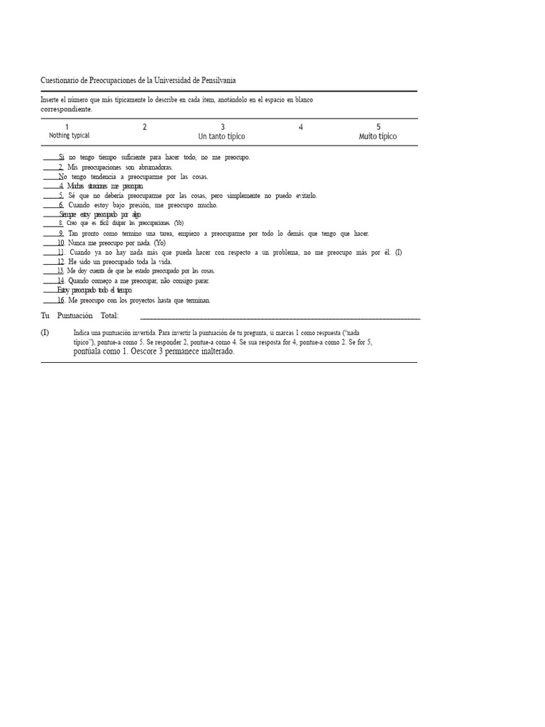 Cuestionario de Preocupaciones QPUP | PDF | Sicología