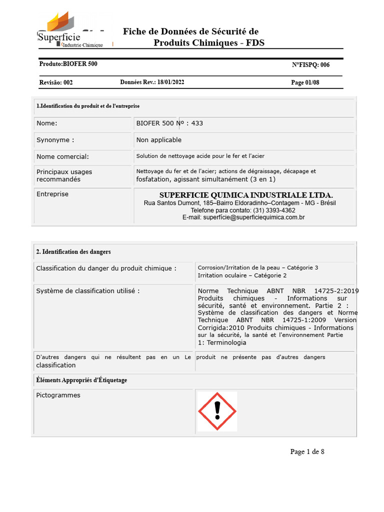 FDS BIOFER 500 : Sécurité et Utilisation | PDF | Substances chimiques | Fer
