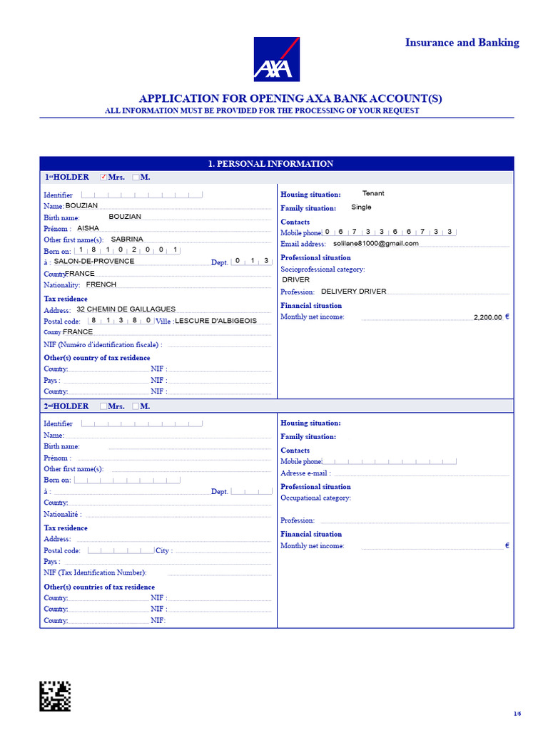 REQUEST TO OPEN AN AXA BANK ACCOUNT | PDF | Debit Card | Banks