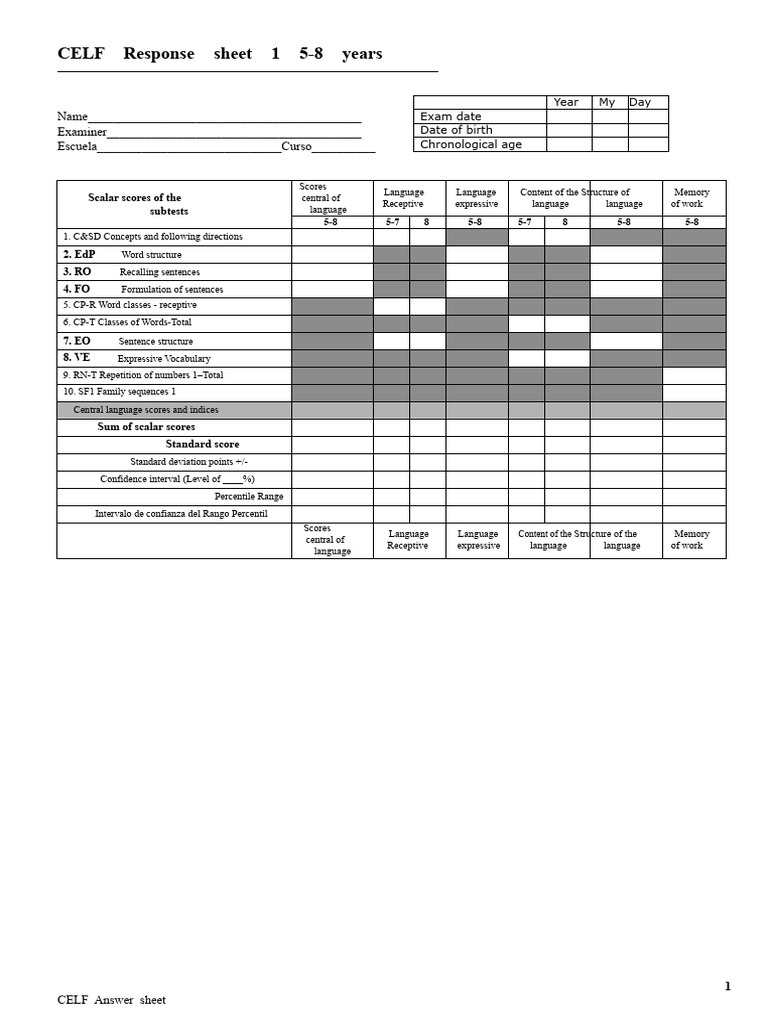 CELF Response Sheet for Ages 5-8 | PDF | Linguistics