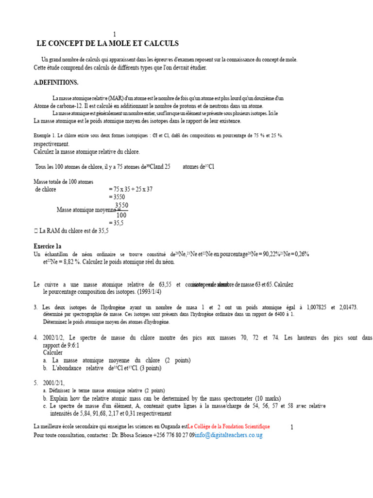 Calculs de la mole et masse atomique | PDF | Concentration molaire | Atomes