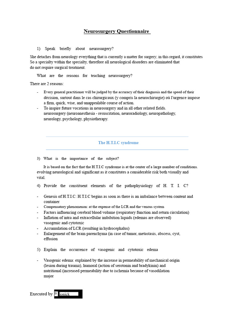 Neurosurgery Questionnaire | PDF | Cerebrospinal Fluid | Brain Tumor