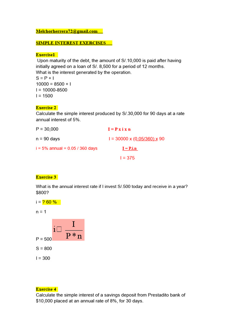 Simple Interest Calculation Exercises | PDF | Interest | Loans