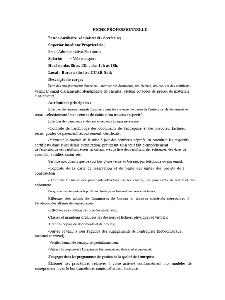 Fiche de Poste : Auxiliaire Administratif | PDF | Business | Informatique