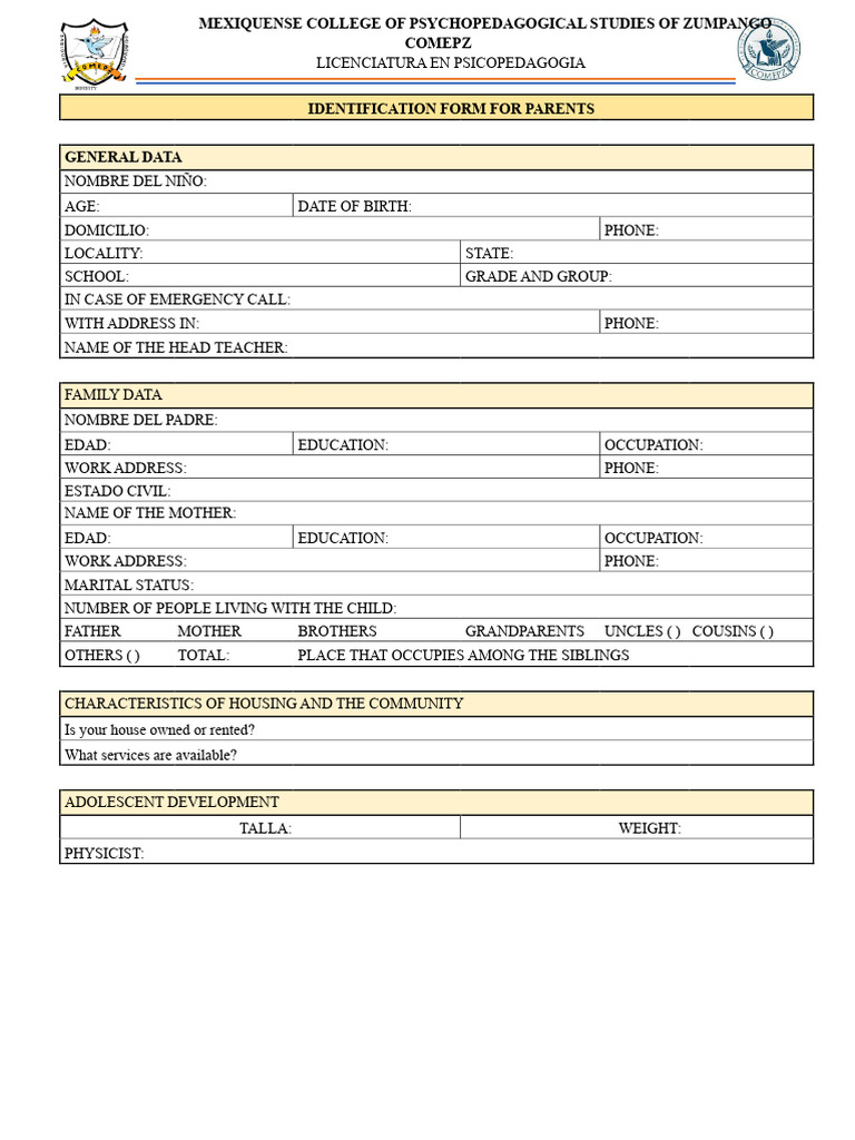 Parent Identification Form for Students | PDF