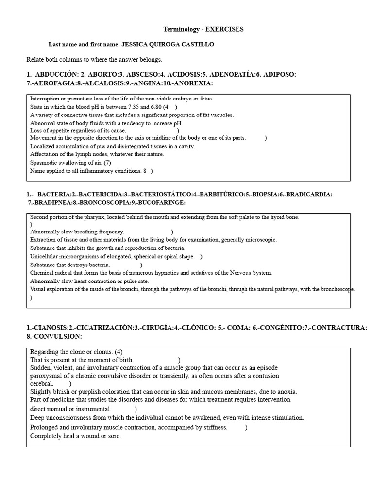 Terminology Exercises FINAL | PDF | Tissue (Biology) | Heart
